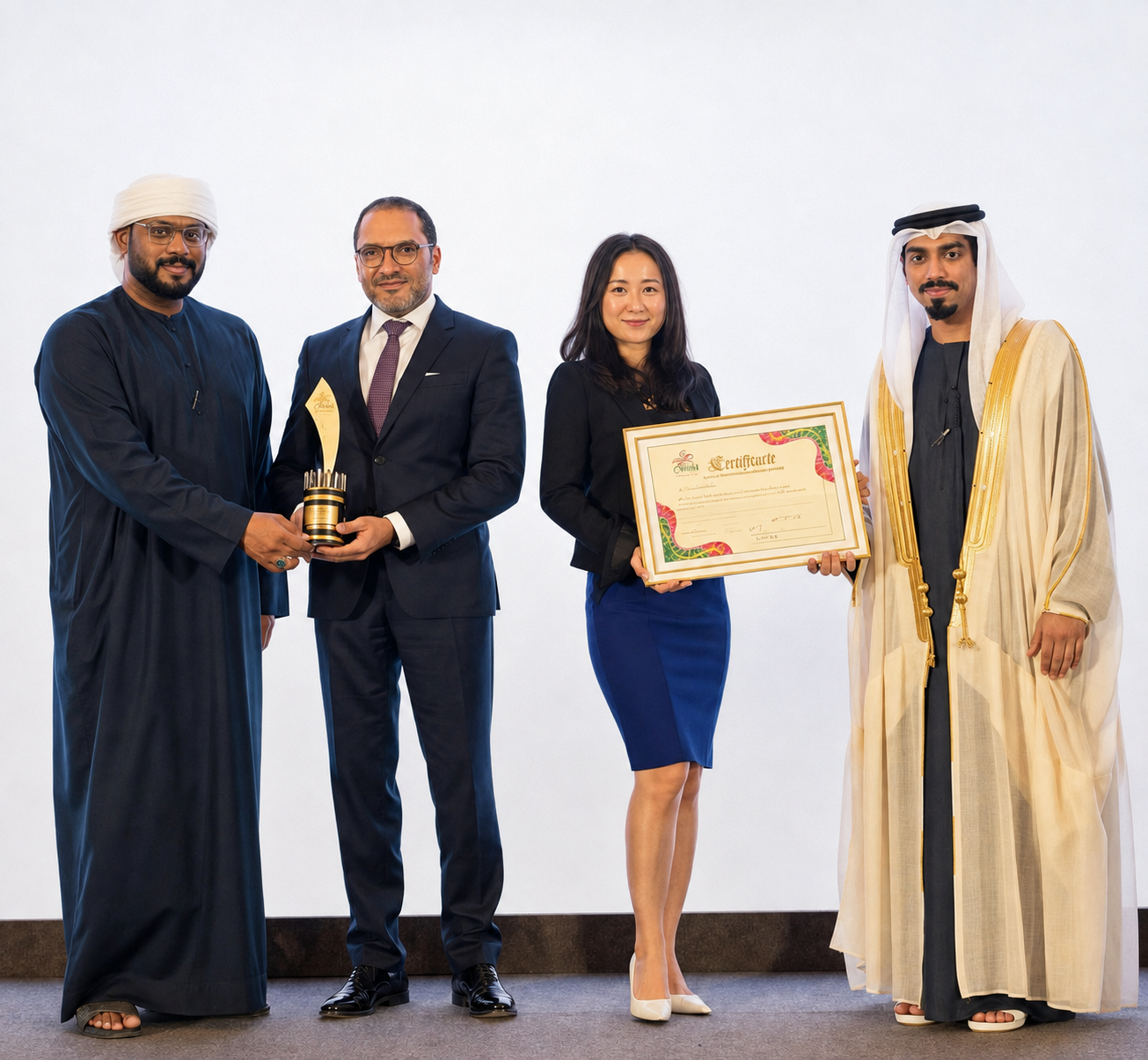 Award delegates holding a trophy and certificate at a UAE ceremony