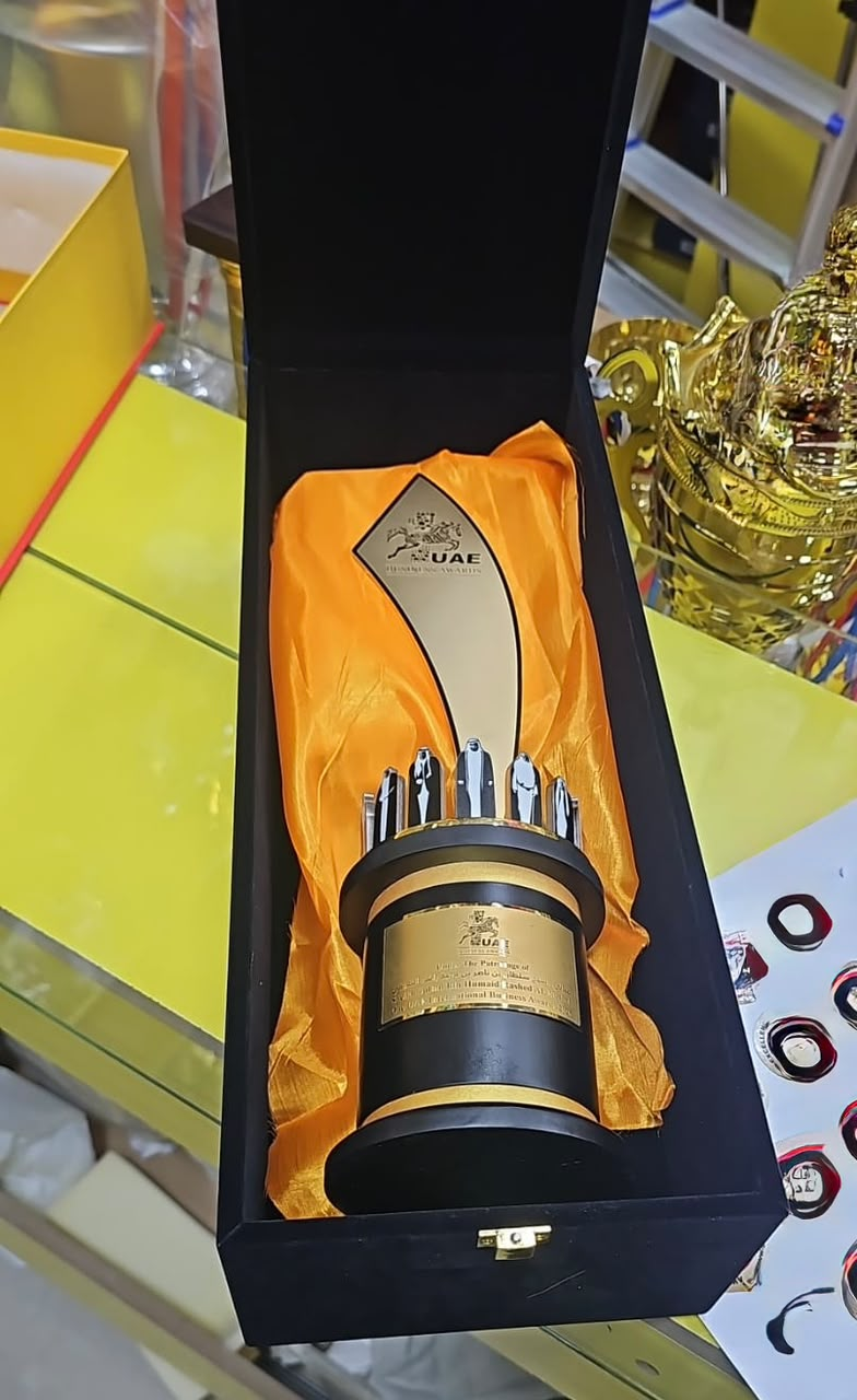 UAE Business Awards trophy displayed in its presentation case